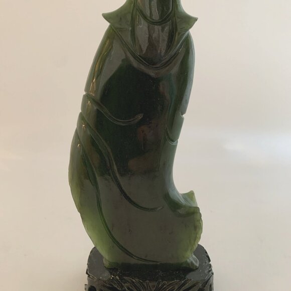 Chinese Nephrite Jade Guanyin 7" Statue w/Stand Hand Carved Deep Green Goddess - Picture 9 of 15